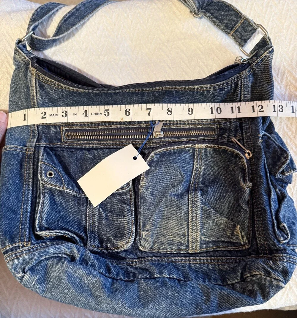 Y2K Denim Shoulder Bag Blue Jean Multi Pocket Zip Purse Adjustable Strap 2000s